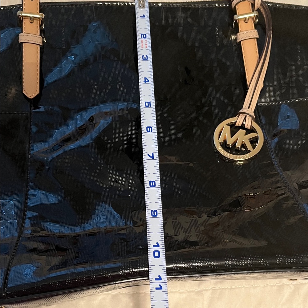Michael Kors Shiny Black MK Tote with Camel Straps - Picture 11 of 12